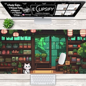 Japanese Pixel Art Cat Mouse Pad, Japanese Pixel Art Cat Desk Mat, Kawaii Cat Pixel Art, Cute Desk Mat, Gamer Mouse Pad, Gamer Desk Mat