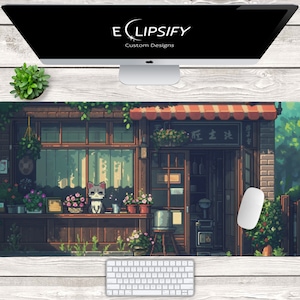 Japanese Cat Cafe Pixel Art Desk Mat Aesthetic Desk Decor, Kawaii Cat Pixel Art, Cute Desk Pad Anime Mousepad, Gaming Desk Accessories