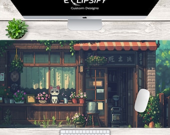 Japanese Cat Cafe Pixel Art Desk Mat Aesthetic Desk Decor, Kawaii Cat Pixel Art, Cute Desk Pad Anime Mousepad, Gaming Desk Accessories
