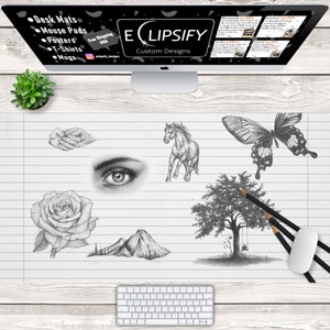 Zeichnung Schreibtischmatte, Zeichnung Mauspad, Bleistift Skizze, Doodling Art, Kunst Mauspad, Kunst Schreibtischmatte, Gaming Mauspad, Gaming Schreibtischmatte