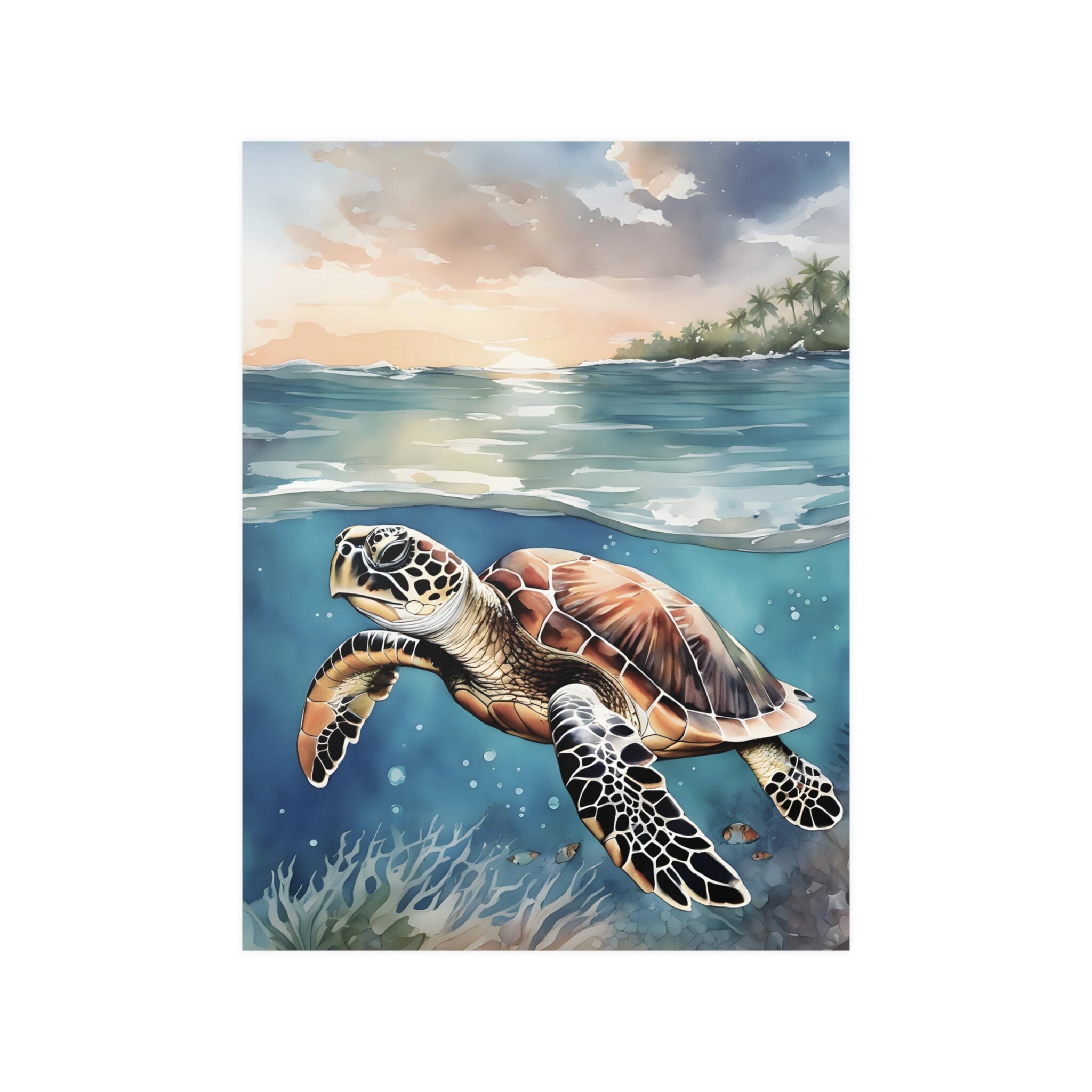 ウミガメの水彩画アートプリント、カメの絵画の壁アート装飾