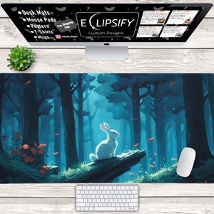 Kaninchen Maus Pad, Hase Schreibtischmatte, Hase Maus Pad, Süßer Hase, Schneehase, Fantasie, Mythischer Wald, Gaming Maus Pad, Gaming Schreibtischmatte