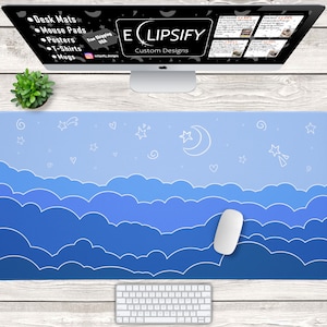 Kawaii Mouse Pad, Blue Desk Mat, Cosy Gaming Mouse Pad, Lofi Deskpad, Clouds Laptop Mat, Cute Desk Accessories, Kawaii Desk Decor, Stars
