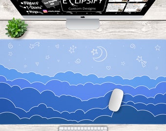 Könnte beinhalten: Eine blaue und weiße Schreibtischmatte mit einem Wolken- und Sternendesign. Die Matte zeigt eine Mondsichel und Sternschnuppen. Der Text "ECLIPSIFY Custom Designs" ist im Hintergrund sichtbar.