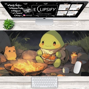 May include: A green and yellow cartoon creature sits by a campfire with a basket of food. The creature has a large head with big eyes and a small mouth. It is wearing a brown robe and holding a stick. The campfire is burning brightly and there are some logs and rocks around it. The background is a dark forest with stars in the sky.