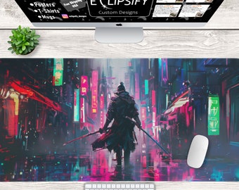 Cyberpunk Samurai City Desk Mat, Samurai Mouse Pad, Neon City, Retro Vaporwave City Desk Pad, Colorful, Fantasy Playmat, Gaming Mouse Pad