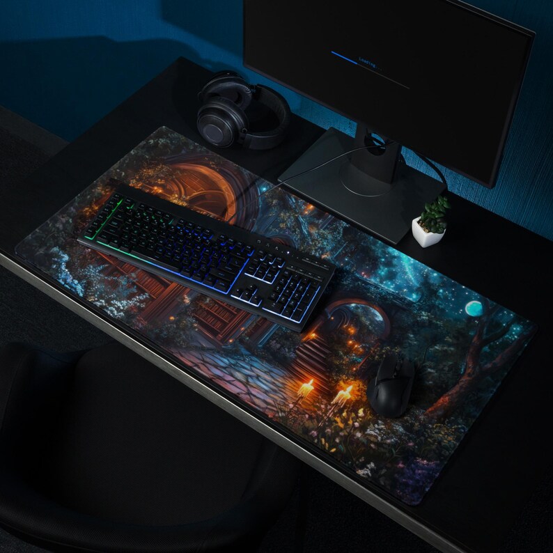 May include: A black and blue gaming mousepad with a fantasy forest scene. The mousepad features a glowing tree, a stone archway, and a starry sky. A black keyboard with rainbow lighting is on the mousepad.