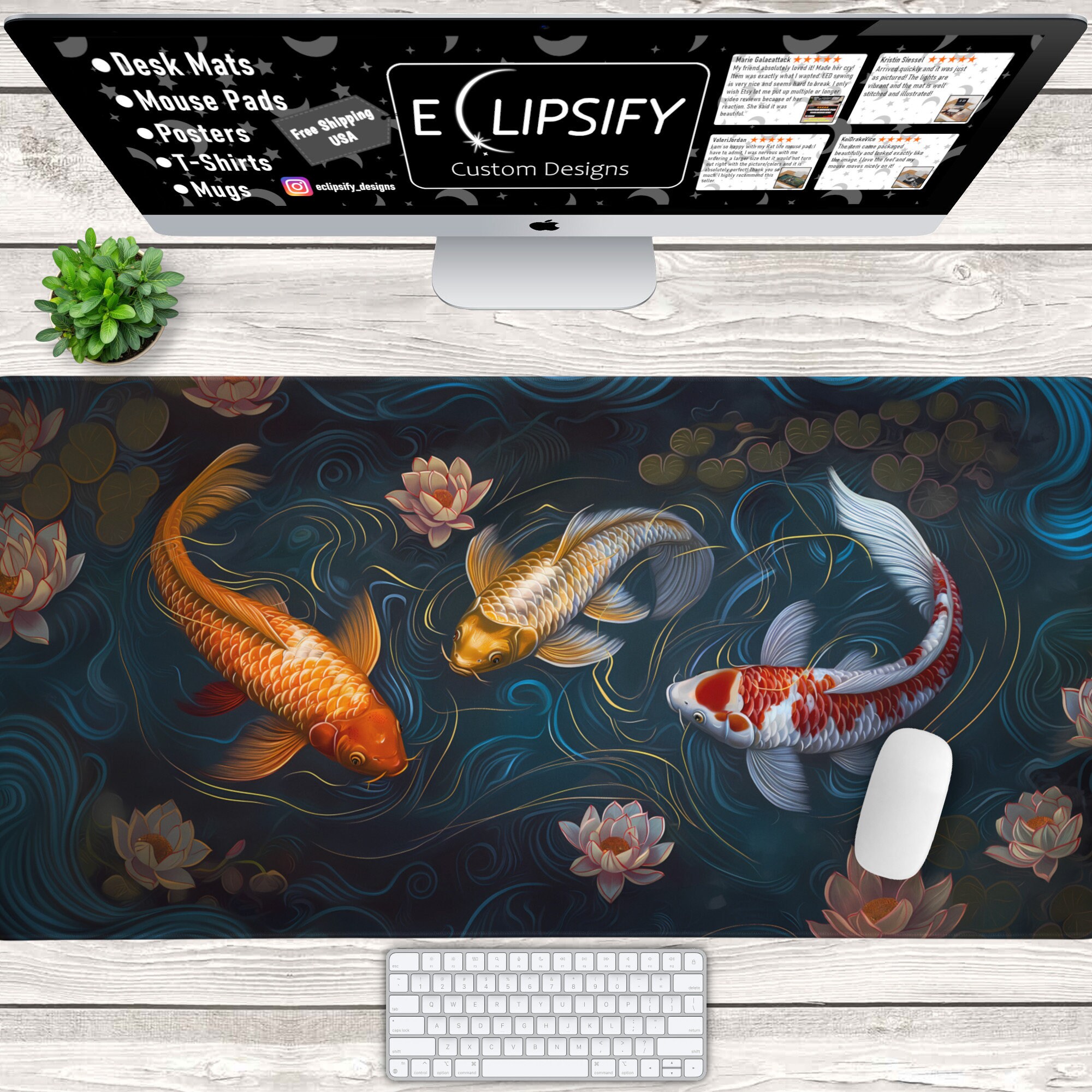 Koi Fish Desk Mat, Japanese Koi Fish Mouse Pad, Floral Mouse Pad, Botanical Desk Mat, Swirls, Pond, Yin Yang, Blue, Gold, Gaming Mouse Pad