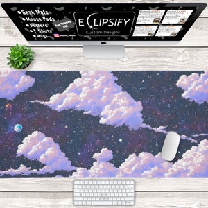 Pixel Art Clouds Mouse Pad, Pixel Art Space Desk Mat, Sunset Pixel Art, Gamer Mouse Pad, Gamer Desk Mat