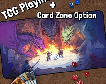 Dragons In Dungeon TCG Playmat, Knight, Anime Knight, Dragon MTG Play Mat With Zones, Fantasy Playmat, Gifts for Gamers,