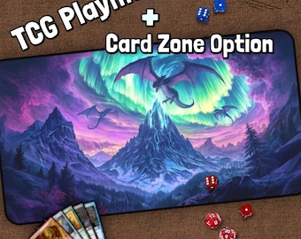 Dragons TCG Playmat, Magical Auroa Mountains, Dragon MTG Play Mat With Zones, Fantasy Playmat, Gifts for Gamers, Board Game