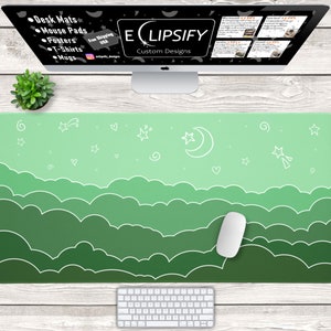 Może przedstawiać: Zielona i biała podkładka pod mysz z wzorem chmur i gwiazd. Tekst "ECLIPSIFY Custom Designs" jest widoczny u góry podkładki.