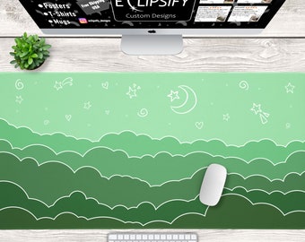 Kawaii Mouse Pad, Green Desk Mat, Cosy Gaming Mouse Pad, Lofi Deskpad, Clouds Laptop Mat, Cute Desk Accessories, Kawaii Desk Decor, Stars