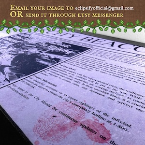 May include: A close-up of a newspaper headline that reads "City Beach" with a bloody fingerprint on the page. The text below the headline reads "Looking Ahead" and "As the city grapples with this unprecedented crisis, the resilience of its residents will be put to the test. While the situation remains dire, authorities are working tirelessly to contain the outbreak and restore order. In these uncertain times, it is crucial for everyone to remain calm, stay informed, and support one another."