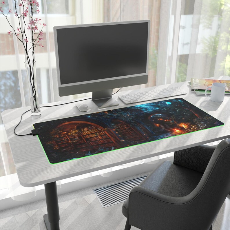 May include: A large, rectangular, black and blue gaming mouse pad with a fantasy scene of a glowing, arched doorway leading to a library with bookshelves. The mouse pad is on a white desk with a computer monitor, keyboard, and a white mug.