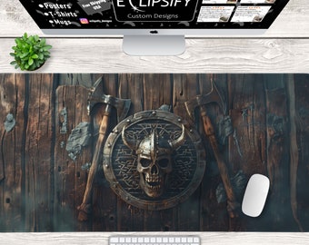Viking Desk Mat, Viking Mouse Pad, Nordic, Thrones, Wood Aesthetic, Shield, Viking Lover, Axe, Skull, Brown Gold, Play Mat, Gaming Mouse Pad