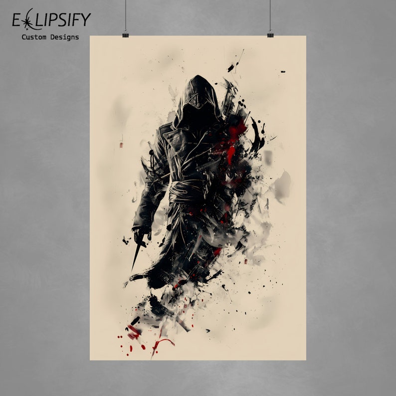 May include: Poster featuring a stylized illustration of a figure in a hooded cloak, holding a blade. The artwork uses a black, white, and red color palette with a splatter effect, creating a dramatic and artistic aesthetic. The text "ELIPSIFY Custom Designs" is in the upper left corner.
