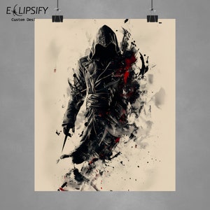 May include: Poster featuring a hooded figure in a black coat, holding a knife. The artwork uses a blend of black and red paint splatters, creating a dynamic and abstract effect. The poster is held by binder clips.