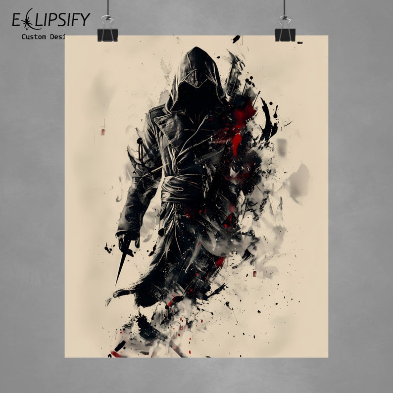 May include: Poster featuring a hooded figure in a black coat, holding a knife. The artwork uses a blend of black and red paint splatters, creating a dynamic and abstract effect. The poster is held by binder clips.