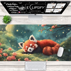 May include: A red panda sleeping on a branch with pink flowers and a full moon in the background. The design is on a teal blue background with white stars.