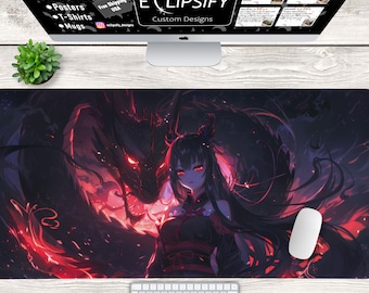 Anime Dragon Girl Desk Mat, Anime Dragon Mouse Pad, Red Desk Pad, Fire, Anime Fantasy, Fire Goddess, Fantasy Playmat, Gaming Mouse Pad