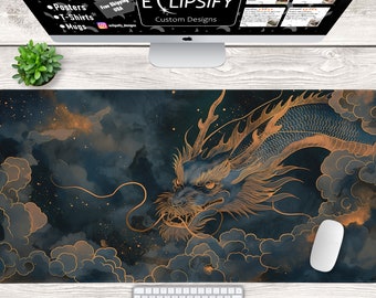 Blue Japanese Dragon Desk Mat, Japanese Dragon Mouse Pad, Minimalist Mouse Pad, Gaming Mouse Pad, Gold And Blue, Chinese Dragon