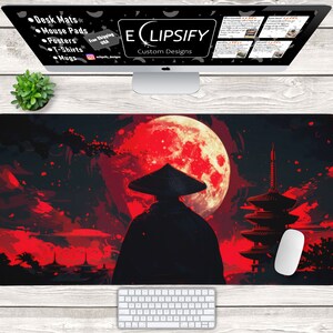 Red Moon Japanese Samurai Desk Mat, Japanese Desk Mat, MousePad, Anime Mouse Pad, Minimalist Mouse Pad Gaming Mouse Pad, Gamer Gift