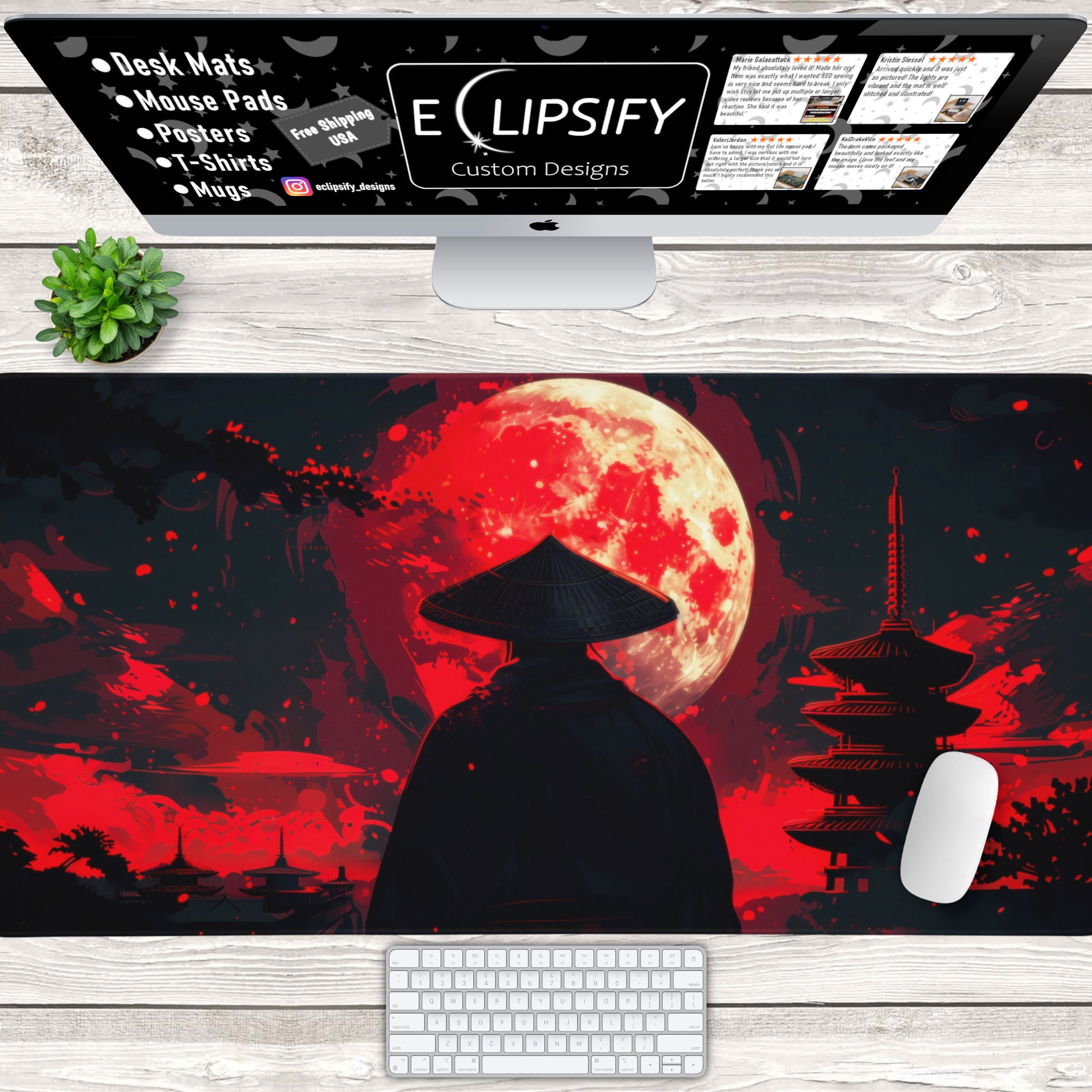 Red Moon Japanese Samurai Desk Mat, Japanese Desk Mat, Mousepad