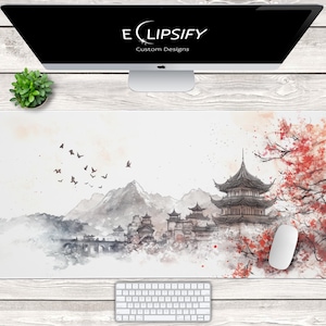 Japanische Kirschblüte Maus Pad, Buidling, Japanische Wolken Schreibtischmatte, schwarz und weiß, Gebirge Kunst, Gaming Playmat, Gaming Schreibtischmatte