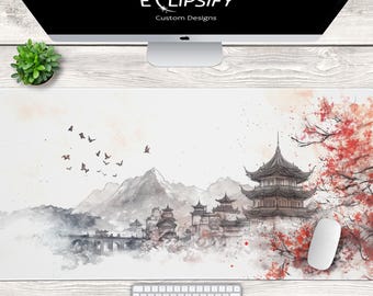 Japanese Cherry Blossom Mouse Pad, Buidling, Japnanese Clouds Desk Mat, Black and White, Mountains Art, Gaming Playmat, Gaming Desk Mat
