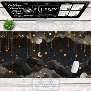 Cloud Stars Pastel Mouse Pad, Black Desk Mat, Cute Cloud, Moon, Celestial Mouse Pad, Black and White, Gaming Mouse Pad, Desk Decor