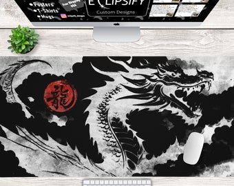 Oriental Japanese Dragon Large Desk Pad, Gaming Mouse Pad, Dragon Mousepad, Black and White, Japanese Mouse Pad, Gamer Gift , mtg play mat