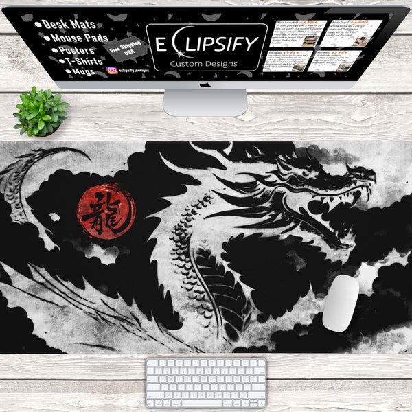 Oriental Japanese Dragon Large Desk Pad, Gaming Mouse Pad, Dragon Mousepad, Black and White, Japanese Mouse Pad, Gamer Gift , mtg play mat