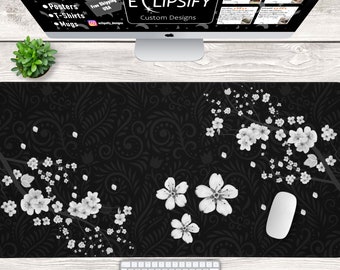 Cherry Blossom Desk Mat, Kawaii Japanse muismat, schattige bloemen bureaumat, gamer girl muismat, zwart en wit, bloem muismat
