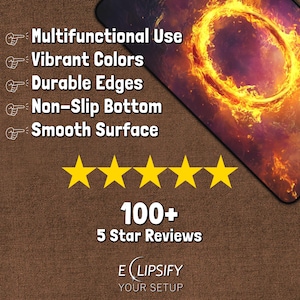 May include: A brown mousepad with a fiery orange ring design. The mousepad has a non-slip bottom and a smooth surface. It is described as having multifunctional use, vibrant colors, durable edges, and a non-slip bottom. The mousepad has over 100 five-star reviews. The text "E (LIPSIFY YOUR SETUP" is at the bottom of the image.
