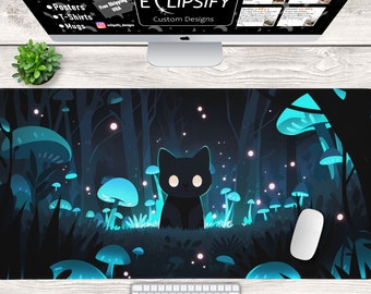 Black Cat Mouse Pad, Kawaii, Cute Cat, Blue, Cottage Core Desk Mat, Mushroom Core, Cute Desk Mat, Gamer Mouse Pad, Gaming Desk Mat, Play Mat