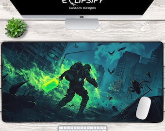 Bug Apocalypse Mauspad, Hazmat Exterminator Schreibtischmatte, grün-blaues Gamer Mauspad, Sci-Fi Gaming Schreibtischdekoration