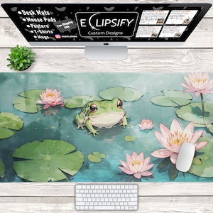 Frog Lofi Mouse Pad, Kawaii Gaming Mouse Pad, Cute Frog Deskpad, Lily Pad Themed Desk Mat, Cute Desk Accessories, Kawaii Desk Decor