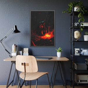 May include: A digital painting of a person sitting by a campfire in a dark forest. The fire is bright orange and red, and the person is silhouetted against the flames.