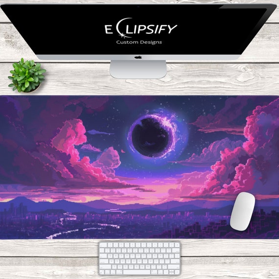 Pixel Art City Mouse Pad, Purple City Desk Mat, Pixel Art
