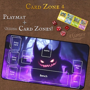May include: A purple and black playmat with a cartoon monster design. The playmat is divided into zones for a card game, including a prize card zone, stadium zone, active zone, bench zone, discard pile, and deck zone. The text "PLAYMAT + OPTIONAL CARD ZONES!" is at the top of the playmat.