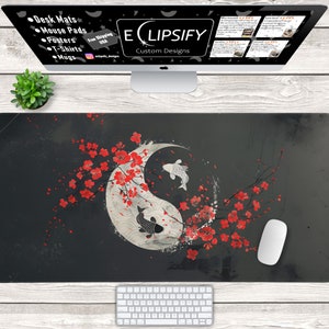 May include: Black desk mat with a yin yang symbol featuring two koi fish and red cherry blossoms. The text "ECLIPSIFY Custom Designs" is visible at the top of the image.