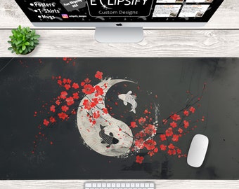 Yin Yang Koi Fisch Schreibtischmatte, Japanisches Koi Fisch Maus Pad, Kirschblüte, Yin Yang, Einfach, Minimalistisch, Schwarz, Weiß Rot, Gaming Maus Pad