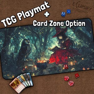 May include: A dark green and blue fantasy themed playmat with a witch reading a book, an owl, and a cauldron. The playmat includes a card zone option and is perfect for tabletop games.
