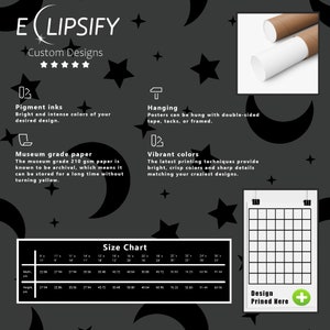 May include: A promotional image for custom design posters. The image features the brand name "ELIPSIFY" and details about the product, including pigment inks, museum-grade paper, and vibrant colors. A size chart is also included, with measurements in inches and centimeters.