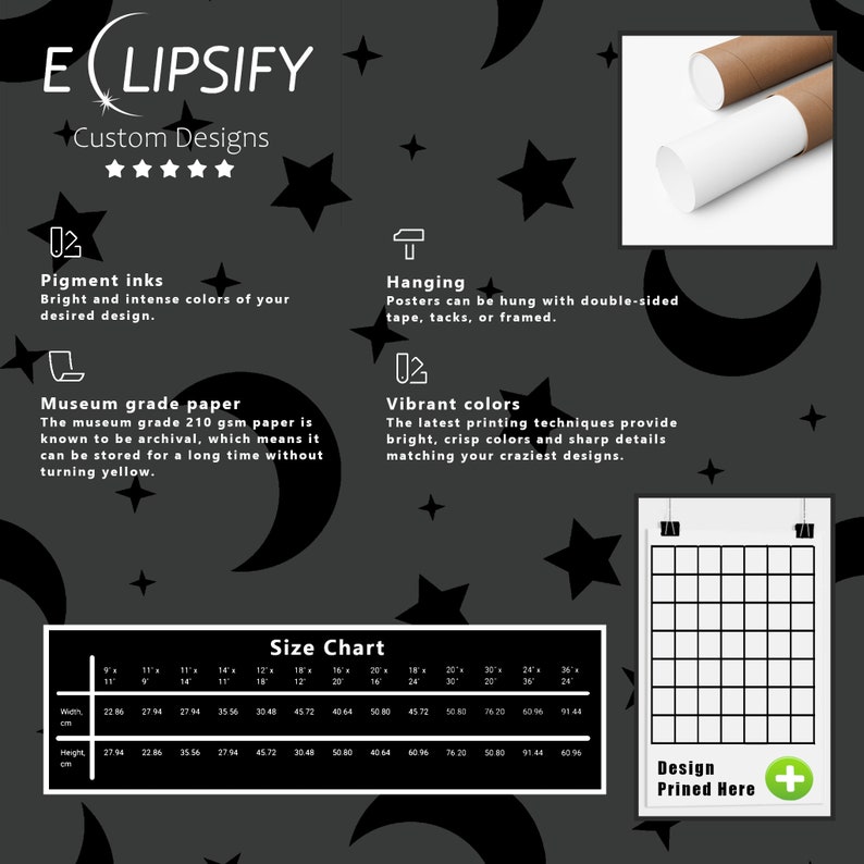 May include: A promotional image for custom design posters. The image features the brand name "ELIPSIFY" and details about the product, including pigment inks, museum-grade paper, and vibrant colors. A size chart is also included, with measurements in inches and centimeters.