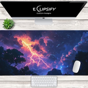 Lightning Storm Schreibtischmatte, Lightning, Red and Blue Mauspad, Nachthimmel, Landschaft, LED, Gaming Mauspad, Gaming Schreibtischmatte, Tcg Playmat