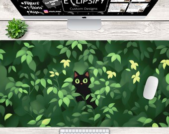 Alfombrilla de escritorio verde con diseño de gato negro, alfombrilla de ratón kawaii con diseño de gato negro, plantas estéticas naturales, alfombrilla de escritorio con diseño de gato, bonitos accesorios de escritorio, decoración de escritorio kawaii.