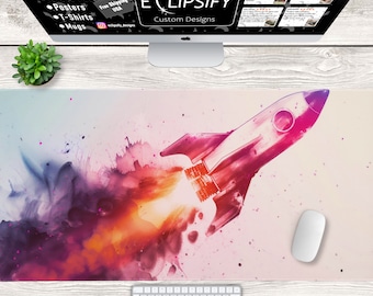 Tappetino da scrivania a tema razzo spaziale Lofi, comodo tappetino per mouse, grazioso tappetino da scrivania a tema spaziale, tappetino per laptop a tema colorato, graziosi accessori da scrivania, decorazioni da scrivania kawaii
