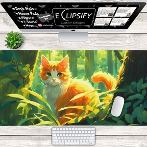 May include: A colorful mousepad featuring a cartoon orange and white cat peeking out from behind green leaves in a forest setting. The mousepad is designed for use with a computer mouse.